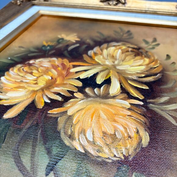 Vintage Floral Oil Painting Chrysanthemums Still Life Framed Canvas 9x12 Signed - Picture 2 of 10